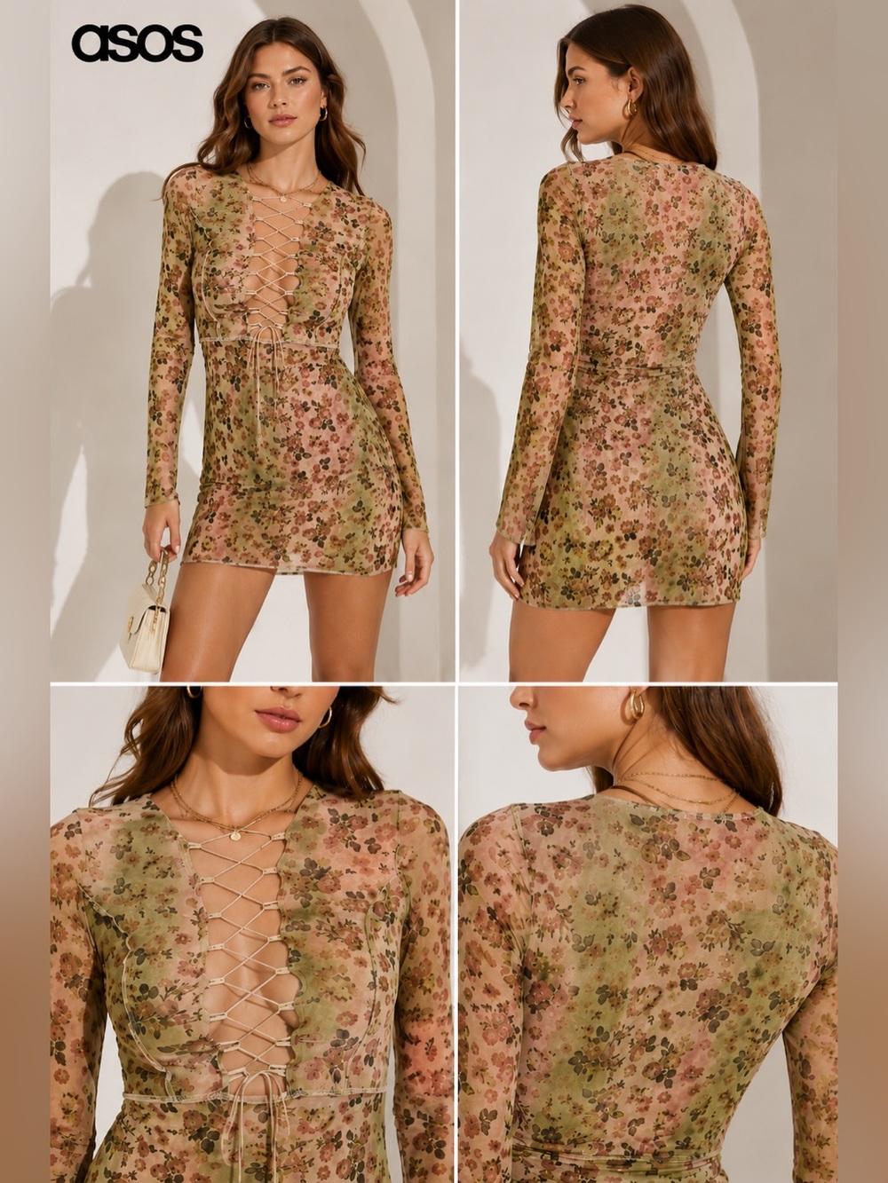 ASOS DESIGN Floral Mesh Lace Up Front Mini Dress 4 Cottagecore Whimsigoth Fairy